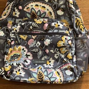 Vera Bradley Gray Floral Quilted Backpack with Pink and Yellow Accents
